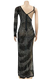 Women Sexy Trendy Club Hot Drilling One Sleeve Long Sleeve Irregular Split Long Dress XZ5622