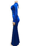 Euramerican Women Solid Color V Collar Long Sleeve Backless Long Dress XZ5627