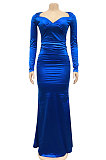 Euramerican Women Solid Color V Collar Long Sleeve Backless Long Dress XZ5627
