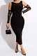 Elegant  Women Mest Spliced Off Shoulder Long Sleeve Solid Color Bodycon Dress Party LML300