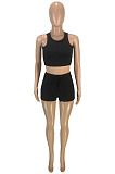 New Summer Casual Pure Color Dew Waist Bandage Tank Shorts Sport Sets SM9230