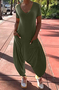 Casual New Women Elastic Loose Short Sleeve V Neck High Waist Jumpsuits RMH8940