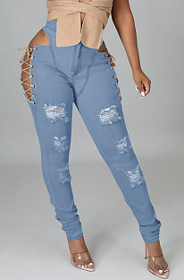 Wholesale Women New Bandage Hole Split Skinny Jeans LWW9092