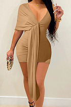 Sexy Wholesale Women Short Sleeve Deep V Neck Bodycon Solid Color Hip Dress WHP006