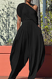 Fashion Casual Women New Cotton Solid Color Oblique Shoulder Tops Harem Pants Sets QQM4392