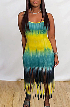 Sexy Polyester Tie Dye Pop Art Print Sleeveless Strappy Tassel Hem Long Dress MTY6617