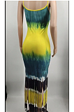 Sexy Polyester Tie Dye Pop Art Print Sleeveless Strappy Tassel Hem Long Dress MTY6617