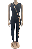 As Shown Black Sexy Polyester Sleeveless Round Neck Beaded Bodycon Jumpsuit QZ3335