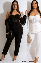 Casual Sexy Romantic Polyester Long Sleeve Strapless Halterneck Off Shoulder Button Front Babydoll Blouse Mid Waist Long Pants Sets JH299
