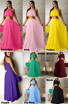 Casual Romantic Simplee Polyester Sleeveless Cold Shoulder Ruffle Crop Top Mid Waist Long Skirt Sets D8284