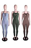 Cute Sporty Sexy Polyester Sleeveless Strappy Halterneck Self Belted Bodycon Jumpsuit N9311