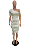 Elegant Fashion Sexy Women One Sleeve Ruffle Irreguolar Solid Color Bodycon Dress For Party BBN237