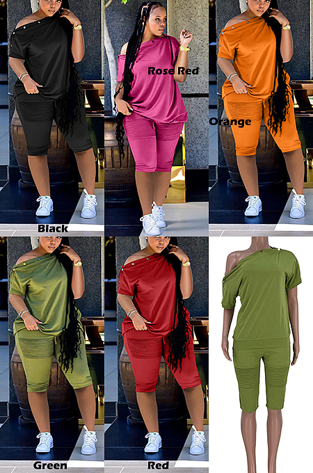 Casual Modest Sporty Polyester Short Sleeve Off Shoulder Buttoned Tee Top Mid Waist Shorts Skinny Pants Sets ARM8318