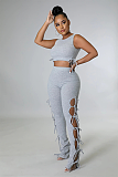 Casual Modest Boho Sexy Polyester Sleeveless Round Neck Knot Side Crop Top Tank Top Mid Waist Long Pants Sets HG168