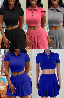 Casual Sporty Glamorous Polyester Square Neck Button Front Pleated Crop Top Mid Waist Sets ARM8322