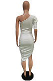 Elegant Fashion Sexy Women One Sleeve Ruffle Irreguolar Solid Color Bodycon Dress For Party BBN237