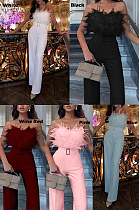 Feather Detail Off-Shoulder Jumpsuit