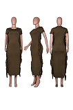 Elegant Short Sleeve Tassel Hem Long Dress MD475