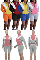Fashion color blocking sports pocket sweater shorts two piece set BLX61003