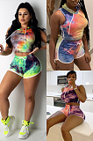 Hooded sleeveless tie dyed print suit SMD7016