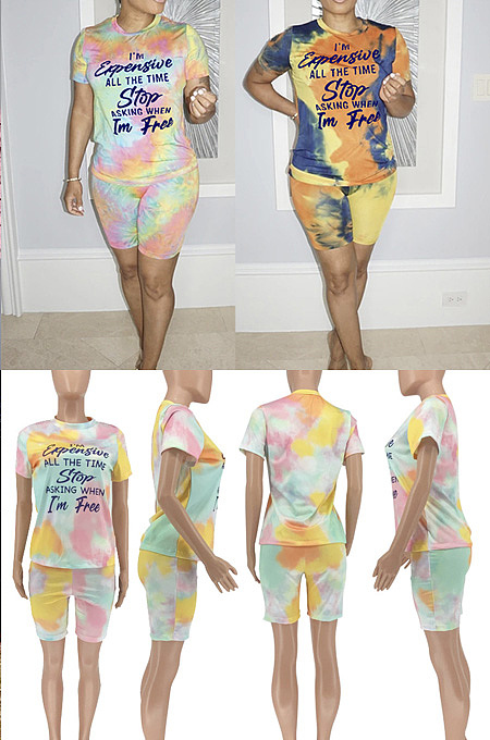 Tie dyed printed lettered short sleeve two piece set CCN1842