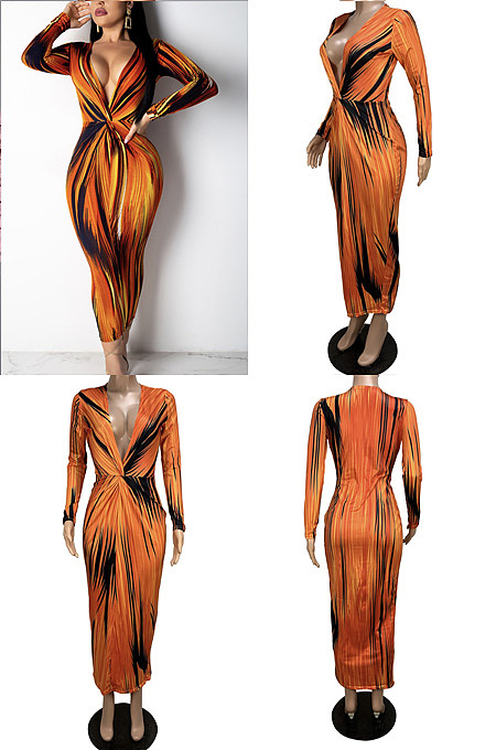 Digital print V-neck dress  CY1111