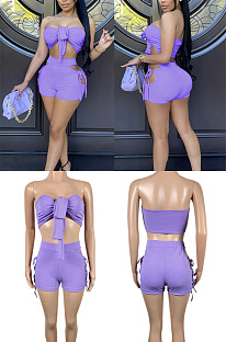 Chest wrapped hollow out solid color two-piece set SSM70017