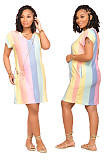 Rainbow Stripe Print V-neck loose dress CY1334