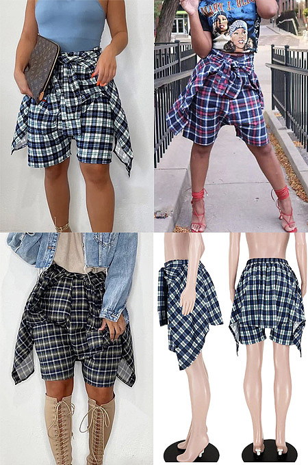 Plaid tied sleeve button fake two casual pants GL6567 