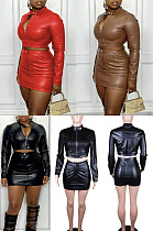 Four seasons PU leather zipper skirt two piece set BS1301
