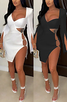 Padded shoulder long sleeve tight irregular split dress ME7508