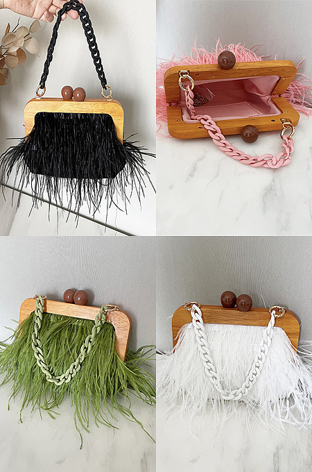 Acrylic chain ostrich wool wooden frame handbag DNX2113