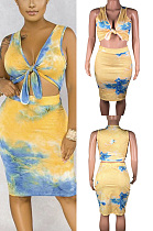 Tie dyed printed chest wrapped sleeveless skirt two piece set BS1191