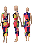 Rainbow Dress cross top strap two piece set BLK20201
