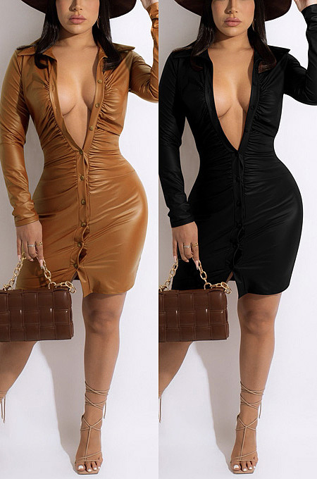 Elastic leather front breasted dress Z9142