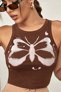 Sleeveless butterfly print navel slim fit T-shirt JJJ21TP232