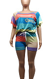 Colorful stripe print casual short sleeve two piece set LBA2002
