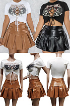 Printed bandage T-shirt pleated leather skirt two piece set F88417
