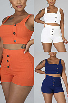 Pit stripe asymmetric breasted vest shorts two piece set BY09691