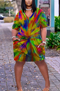 Large rainbow tie dye print pocket loose dress QQX1221