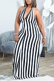 Striped halter strap backless women's dress DN8665