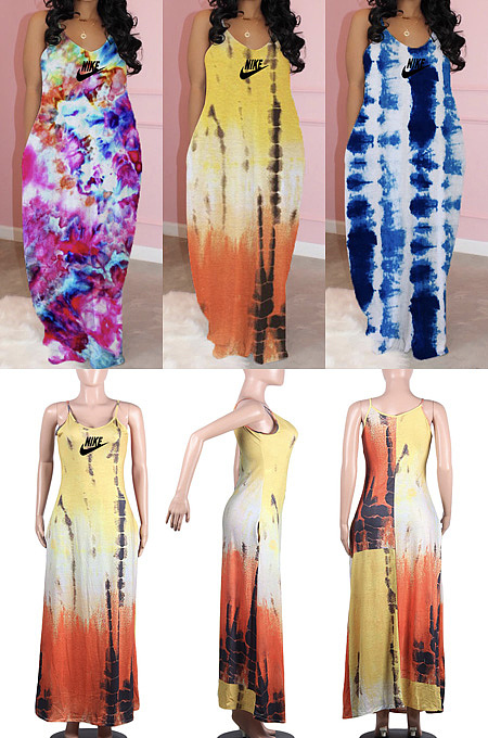 Tie dyed printed loose suspender dress long skirt with pockets XMY6154