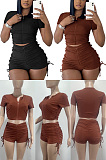 Short sleeve shorts solid color pleated two piece set AMM8387