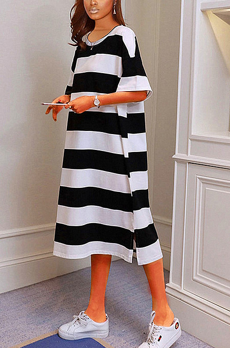 Large striped fat sister long dress QY0508