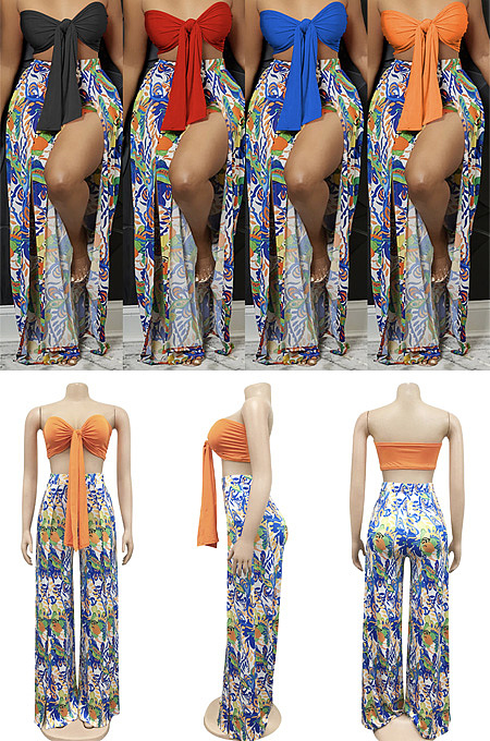 Two piece set of strapless and backless printed split pants XZ5815