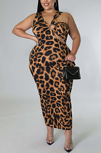 Printed leopard irregular elastic large skirt QZ5302