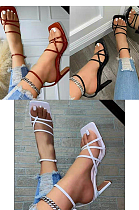  Square Toe Hollow Ankle Strap PU Sandals