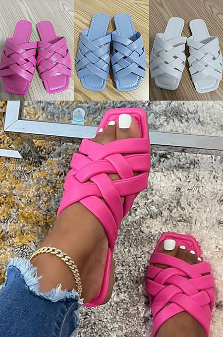  Cross Design Square Toe Solid Color Flat Slippers