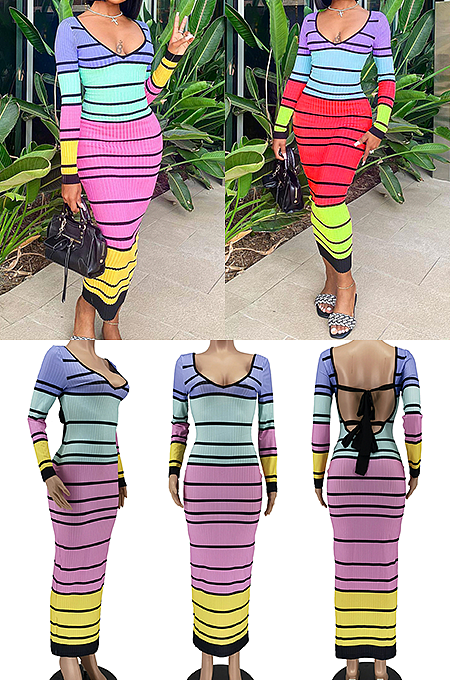 Open Back Color-Block Long Dress