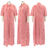 Stripes Shirt Collar Long Dress